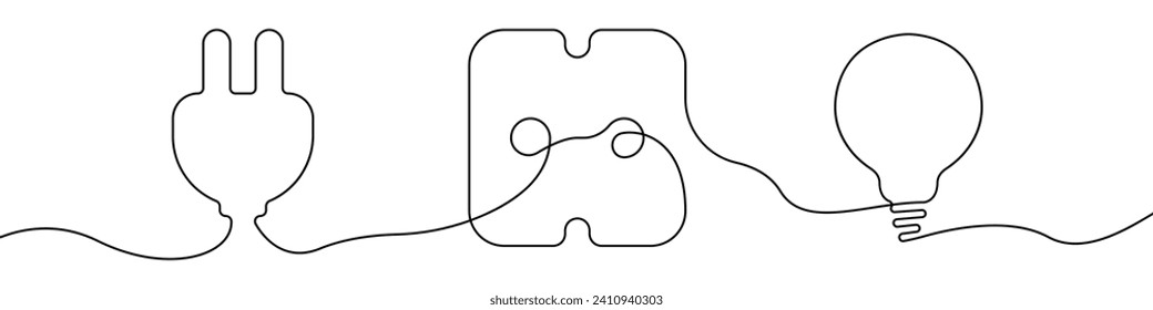 Socket, plug, liiht bulb line continuous drawing vector. One line Socket vector background. plug icon. Continuous outline of a Socket, plug.
