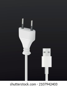 Socket plug and realistic 3D isolated white and black connector for mobile phone, smartphone charging or PC devices connection. Vector illustration