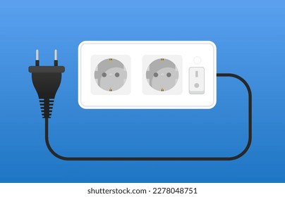 Socket with plug and shadow on blue wall. Abstract background with electric plug, wire and wall socket. Concept of power outage. European socket technology. Home electric. Vector illustration