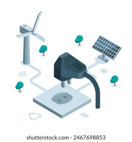 socket with plug and solar panel isometric icon with wind generator, in color on white background, renewable energy or clean power