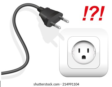 Socket and plug that are not compatible. The plug has round metal pins, but the socket is applied for flat pins. Isolated vector illustration on white background.