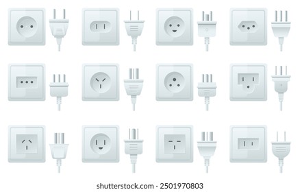 Socket and plug types. Different electrical connectors and power holes. Electricity 3D equipment. European and American standards. Cable adaptors. Electric circuit port