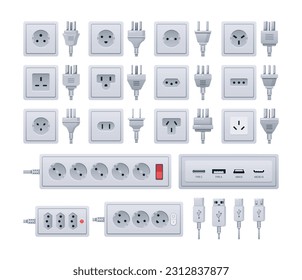 Socket Plug Types Set, Each Has Specific Prong Configurations And Is Used In Different Countries Vector Illustration