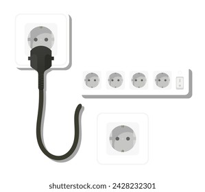 Socket with plug. Wire, surge protector, cable, on off button, adapter, four ports, 4, electricity, wiring, communications, lighting, power, in out, electrical appliance, charge. Vector illustration