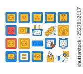 Socket Power Electrical Accessory Icons Set Vector. American And European, Australia And Universal Waterproof Socket Line. Damaged And Burning Electricity Connector color Contour Illustrations