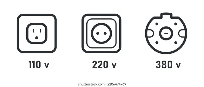 Socket power line icon set. 110v, 220v, 380v voltage. Informational sign electric plug symbol. Vector illustration on white background