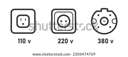 Socket power line icon set. 110v, 220v, 380v voltage. Informational sign electric plug symbol. Vector illustration on white background