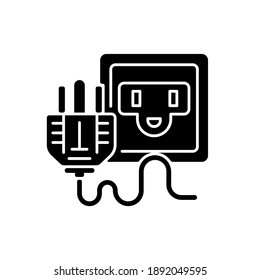 Socket for power supply black glyph icon. Technology cable. Wire for electricity. Wall socket, american receptacle for appliance. Silhouette symbol on white space. Vector isolated illustration