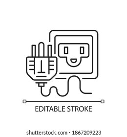 Socket para el icono lineal de la fuente de alimentación. Cable de tecnología. enchufe estadounidense. Alambre para electricidad. Ilustración personalizable de línea delgada. Símbolo de contorno. Dibujo de contorno aislado del vector. Trazo editable