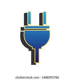 Socket sign illustration. Blue icon with gold contour with dark gray shadow at white background. Illustration.