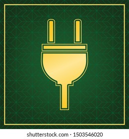 Socket sign illustration. Golden icon with gold contour at dark green gridded white background. Illustration.