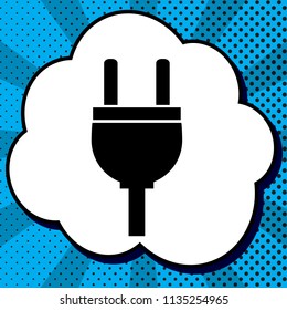 Socket sign illustration. Vector. Black icon in bubble on blue pop-art background with rays.