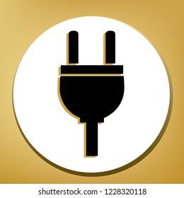 Socket sign illustration. Vector. Black icon with light brown shadow in white circle with shaped ring at golden background.