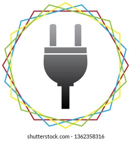 Socket sign illustration. Vector. Black icon with patch of light inside colorful hexagonal frames at white background.