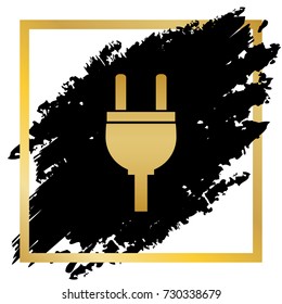 Socket sign illustration. Vector. Golden icon at black spot inside golden frame on white background.