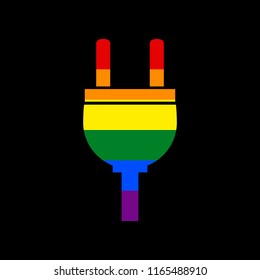 Socket sign illustration. Vector. Icon with colors of LGBT flag at black background.