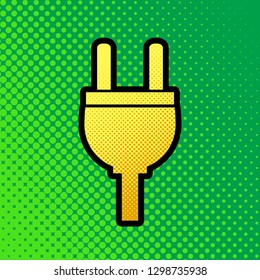 Socket sign illustration. Vector. Pop art orange to yellow dots-gradient icon with black contour at greenish background.