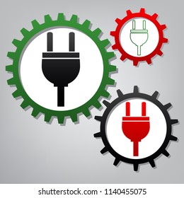 Socket sign illustration. Vector. Three connected gears with icons at grayish background.