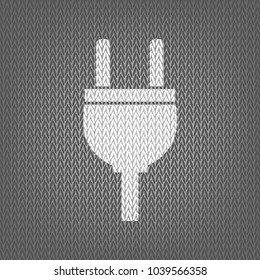 Socket sign illustration. Vector. White knitted icon on gray knitted background. Isolated.