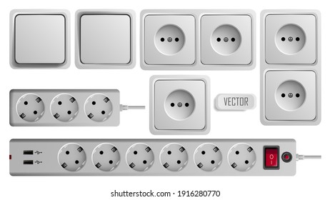 Toma de zócalo, interruptor y salida de vector de extensión para enchufes eléctricos e ilustración de electricidad. Conjunto de diferentes tipos de enchufes y conmutadores aislados de alimentación