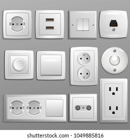 Socket and switch vector electrical outlet for electric plugs and electricity illustration set of different types of power sockets and switchers isolated on background