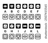 Socket types icon set. Rosette plugs vector illustration collection. Electrical socket symbol. Electric power sign. American socket type pictogram. European plug rosette isolated concept.