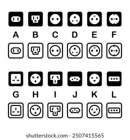 Conjunto de iconos de tipos de zócalo. La roseta tapona la colección de Ilustración vectorial. Símbolo de toma eléctrica. Señal de energía eléctrica. Pictograma tipo socket americano. Concepto aislado de roseta de enchufe europeo.