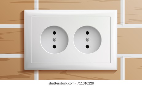 Socket Vector. Double Grounded Power Switch. Plastic Standard Panel. Brick Wall. Realistic Illustration