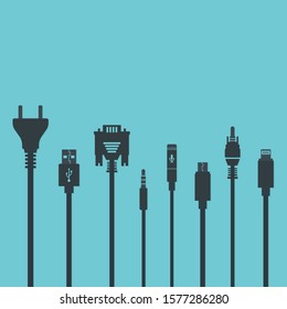 Socket and wire, connector usb and audio. Connectors and sockets for PC and mobile devices. Different kinds of plug wire cables colorful vector illustration