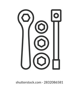 Socket wrench tools set icon in line design. Tools, socket, wrench, set, mechanic, repair, equipment on white background vector. Socket wrench editable stroke icon.
