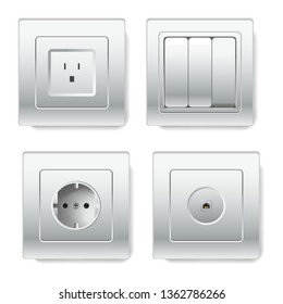 Sockets with different number of slots types depending on standards vector isolated set of plugs with two and three holes made for cables to charge appliances two-pole unit with switch on and off.