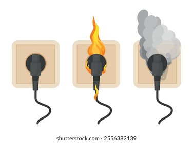 Sockets in fire. Wiring problems, dangerous situation in office or home. Socket with plug in smoke and sparks, electrical system broken, neoteric vector scene