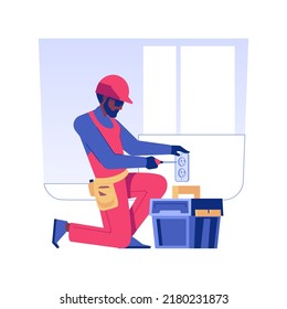 Sockets installation isolated concept vector illustration. Repairman installing a socket using a screwdriver, domestic electrician, private house building, interior works vector concept.