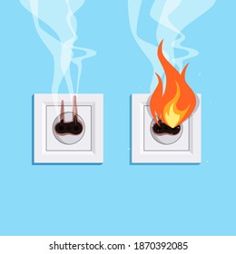 Sockets on fire. Outlets type C with flame and smoke out of it. Electrical safety concept. Vector illustration in flat style.