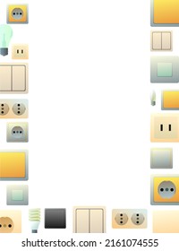 Sockets, switches and light bulbs. Electrical appliances for home network. Spare parts for work of an electrician. Frame picture. Isolated on white background. Vector.