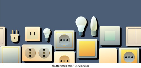 Sockets, switches and light bulbs. Electrical appliances for home network. Spare parts for work of an electrician. Bottom seamless horizontal composition border. Vector.