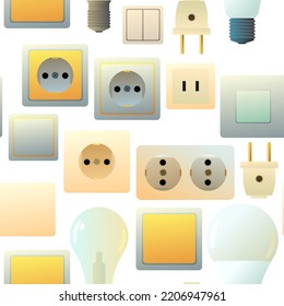 Sockets, switches and light bulbs. Electrical appliances for home network. Spare parts for work of an electrician. Seamless pattern. Isolated on white background. Vector.