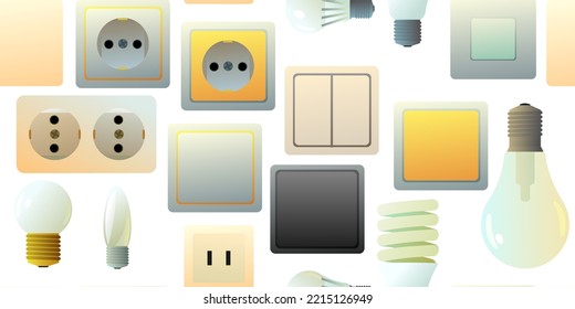 Sockets, switches and light bulbs. Electrical appliances for home network. Spare parts for work of an electrician. Isolated on white background. Vector.