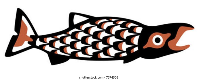 A sockeye salmon, drawn in a Pacific Northwest native style.