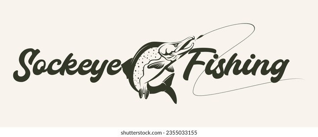 Plantilla con el logotipo Sockeye Salmon, un estilo vintage, Salmón soplón único y fresco abstracto fuera del agua. Excelente utilización como actividad pesquera de los pescadores de soca de salmón