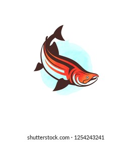 Sockeye salmon (Oncorhynchus nerka) also called red salmon - fish and fishing logo on watercolor circle shape - vector illustration isolated on white background