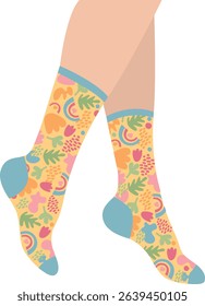 Сolorful socks with abstract pattern on women feet. Illustration of female legs and with stylish accessories isolated on white background