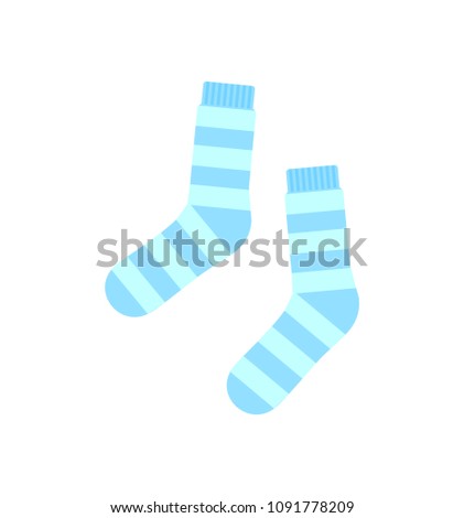 Socks baby clothes, poster with warm pair of footwear of blue color with pattern of stripes created for boys, vector illustration isolated on white