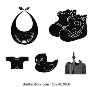 Socks, bib, toy duck, raspashonka.Baby born set collection icons in black style vector symbol stock illustration web.