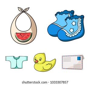 Socks, bib, toy duck, raspashonka.Baby born set collection icons in cartoon style vector symbol stock illustration web.