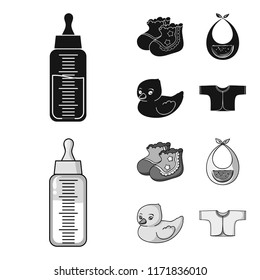 Socks, bib, toy duck, raspashonka.Baby born set collection icons in black,monochrome style vector symbol stock illustration web.