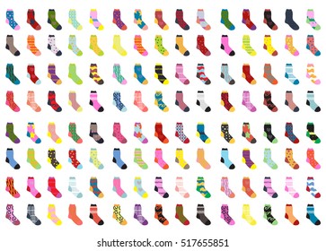 Socks big set icons. collection, flat design.  isolated on white background. Warm woolen with cute patterns. Winter  Vector illustration