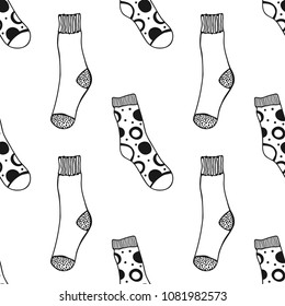 Socks. Black and white seamless pattern for coloring book and page. Knitted clothes.