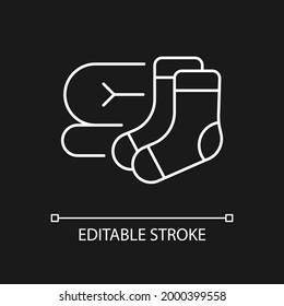 Socks and blanket white linear icon for dark theme. Portable amenities for camping comfort. Thin line customizable illustration. Isolated vector contour symbol for night mode. Editable stroke