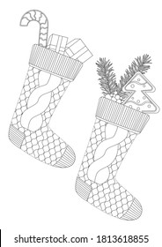 Socks with Christmas gifts as a winter adult coloring page for winter. Outline colorless vector stock illustration with christmas gifts in socks for christmas isolated on white background